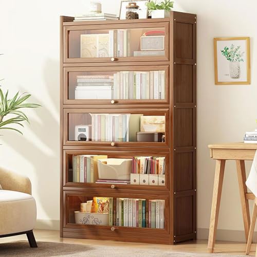 Estantería de bambú con puertas de vidrio acrílico, estantes de almacenamiento de 3/4/5 niveles para sala de juegos y dormitorio, armario de exhibición de trofeos con tapa abatible