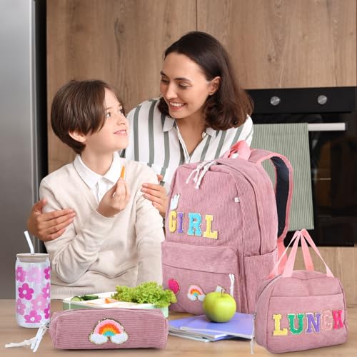 5 Pcs Preppy Corduroy Kids' Backpacks Set for Girls School Cute Pink Backpack Foldable Lunch Bag Pencil Case and Paper Back to School Bookbags Set 6