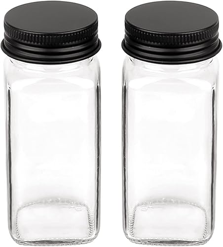 Churboro Tarros de especias de vidrio de repuesto con tapas de metal negro, tarros cuadrados de especias de 4 onzas