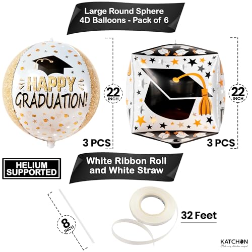 Image of Graduation Decorations 2026 | Graduation Balloons - Pack of 6 | Black and Gold Mylar Foil Balloons for Grad Decorations Class of 2026 | Graduation Party Supplies with Graduation Cap Balloon, KatchOn