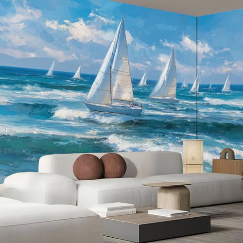 Papier peint panoramique vagues poster geant mural turquoise 3D - 4