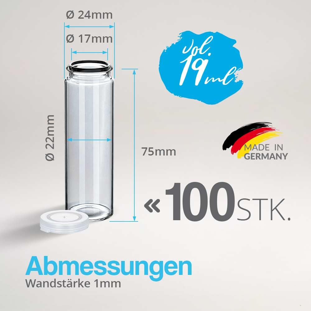 Tuuters 100x Tablettengläser mit Schnappdeckel, Rollrandflaschen aus Laborglas für Tabletten (75 x Ø24mm)