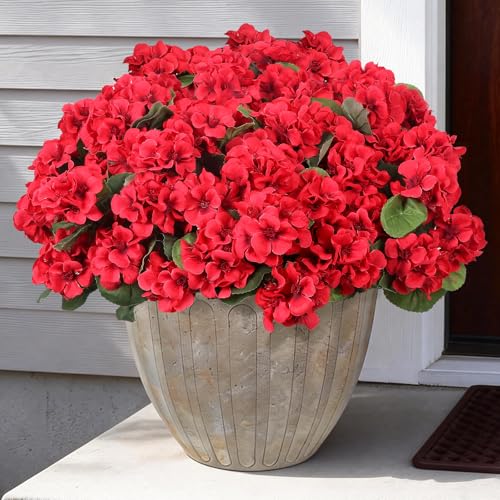 PABREY 12 Pcs Artificial Flowers for Outdoors Faux Silk Geraniums Flowers UV Resistant Fake Flowers Outdoor Plants for Front Porch Yard Patio Garden Home Decor (12 Red)