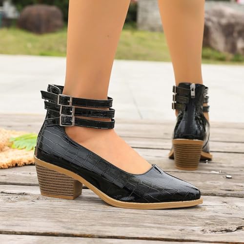 Escarpins noirs en cuir verni crocodile avec sangles et talon bloc chic - 6
