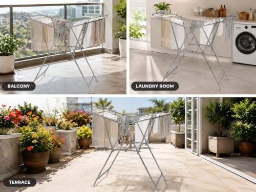 Image of KITCHIVO Heavy Duty Stainless Steel Clothes Drying Stand, Foldable Laundry Rack with Extendable Side Wings for Indoor and Outdoor Drying (Wigas SteelDry)