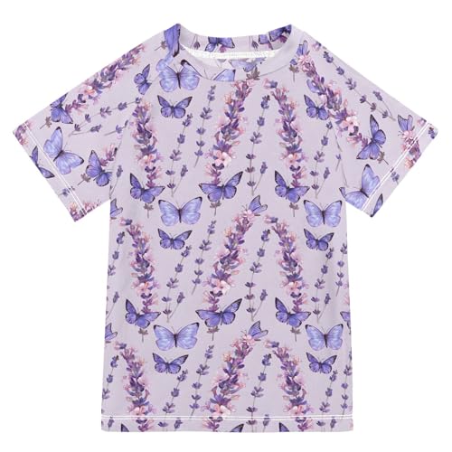 ALAZA Kids Rash Guard Girls Toddler Swim Shirts Short Sleeve Purple Butterfly Lavender Flower UPF 50+ 3T
