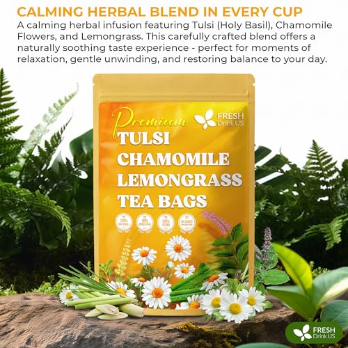 Image of FreshDrinkUS, Premium 75 Tea Bags Tulsi Chamomile Lemongrass Herbal Tea | Blend with Holy Basil, Chamomile Flowers & Lemongrass Leaves - Naturally Caffeine-Free, Soothing Herbal Infusion. Vegan