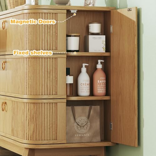 Image of Fluted 6 Drawer Dresser for Bedroom, 43'' Modern Chest of Drawers with Metal Handles&Wood Legs, Curved Profile Design, Rattan Dresser for Bedroom, Living Room, Entryway, Natural