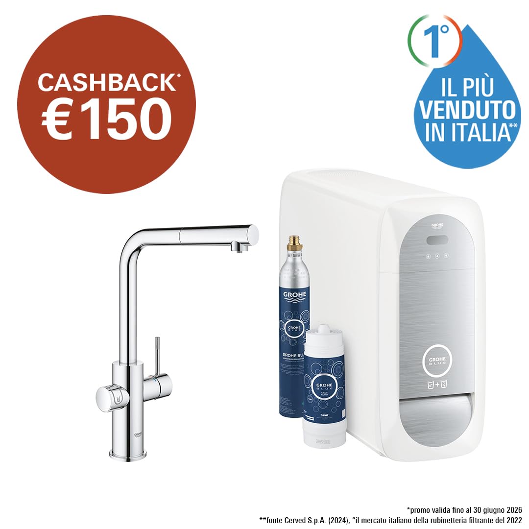 Grohe Blue Home Rubinetto per Lavello Cucina, Bocca a"L", con Doccetta Estraibile, Cromo e Filtro Acqua Incluso, 31539000