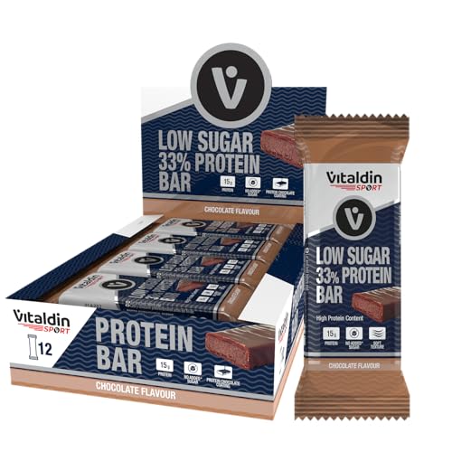 VITALDIN SPORT Low Sugar 33% Protein Bar Chocolate – 12 Barritas Proteicas x 45 gr; sabor Chocolate – Barrita Alto Contenido en Proteína y Bajo en Azúcar – Sin Azúcares Añadidos