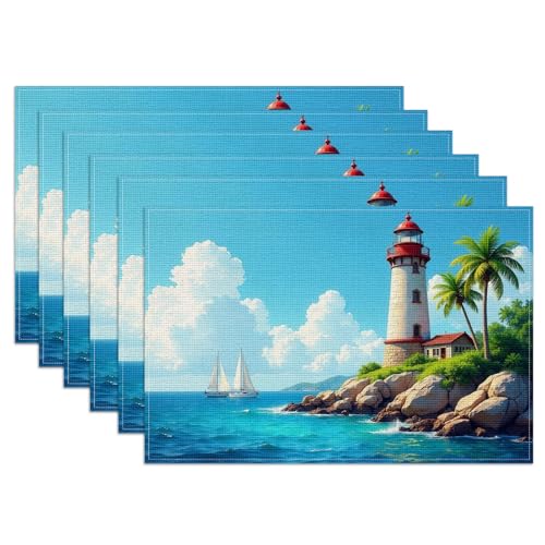 Lighthouse Placemats Set of 6, Nautical Theme Palm Linen Place Mat Washable Stain Resistant Table Mats for Farmhouse Kitchen Dining Party 12x18 Inch