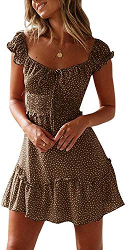 Valphsio Womens Smocked Dress Ruffle Floral Tie Front Boho Short Dresses (Medium, Khaki)