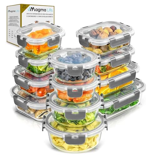 MAGMALIFE Juego de 24 Piezas, 12 Contenedores de Vidrio Y 12 Tapas, Herméticos, Tapas de Cierre Fácil, Refractarios Resistentes Aptos para Horno...