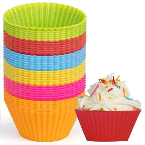 Silicon Muffin Baking Cups & Cupcake Cups, Non-Stick and Reusable Round Muffin Liners, Cake Molds, 24 Pack, perfect for Party Occasions, Christmas, 6 Rainbow Colors (Pack of 24,Multicolor)