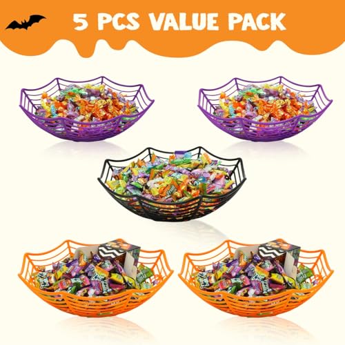 Image of JOYIN 5 Pcs Halloween Candy Bowl Spider Web Trick or Treat Dish Decorations Indoor, Plastic Bowl Party Favors Supplies for Table Desk Haunted House Basket Decor