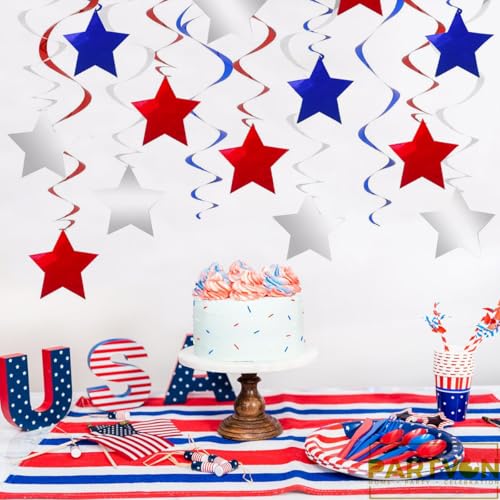 Image of Red Blue Silver Star Hanging Swirl Decorations Stars Streamers Foil Swirls for Ceiling Decorations Graduation Party Supplies 4th of July Patriotic Decorations, Pack of 42