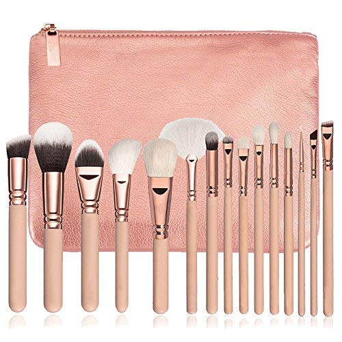 Makeup Brushes Set 15 Pieces Professional Cosmetic Makeup Brush Kit with Wood Handle Synthetic Bristle Leather Pouch Bag for Face Powder Foundation Blending Eye Shadow Concealer (Pink)