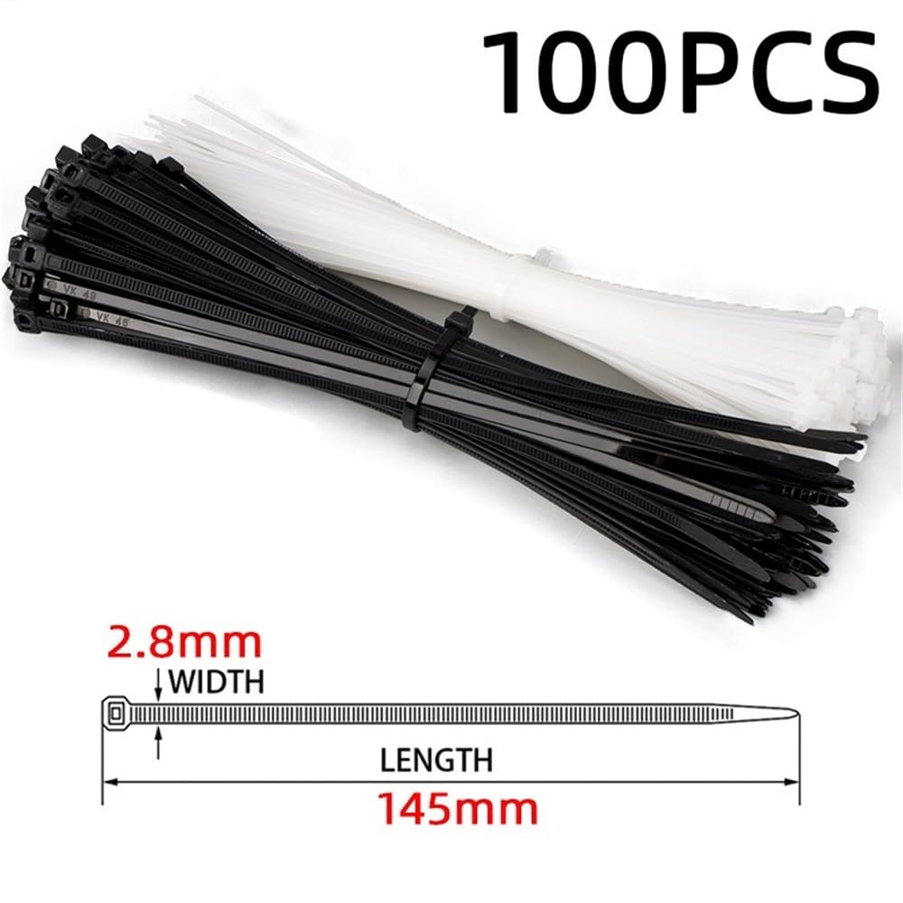 Fermacavi in nylon, 100 pezzi, autobloccante, organizer per fascette in nylon, colore bianco e nero, varie dimensioni (1,8 x 117 – 100 pezzi, nero)
