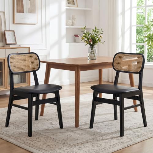 Ya-Home Lot de 2 Chaises Rotin Salle à Manger Élégantes avec Structure en Bois Massif - Chaise de Cuisine avec Siège en Cuir PU, Idéales pour Salle à...