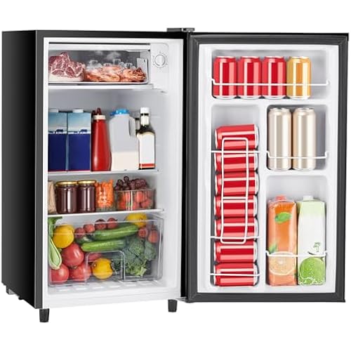 Sweetcrispy 3.2 Cu.Ft Mini Fridge with Freezer, 2 Door Small Refrigerator with Adjustable Thermostat Energy-efficient Low Noise, Compact Fridge for Bedroom, Office, Dorm, Black