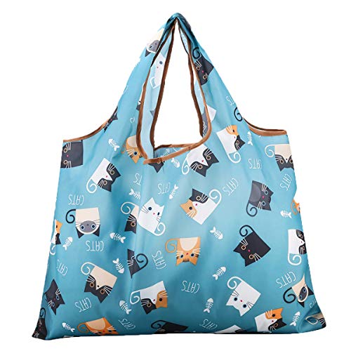 Gophralove Reusable Grocery Bag, Gophra 2 Packs Large Washable Foldable Eco Friendly Nylon Heavy Duty Fits In Pocket Shopping Tote Bag (Cattie) #TOP1