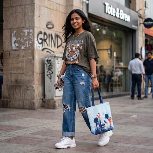 Image of Cotton Tote Bag for Women | Tote Bag with Zipper | Canvas College bag for Girls | Korean Sling Bag | Stylish Travel Sling & Handbag for Daily Use