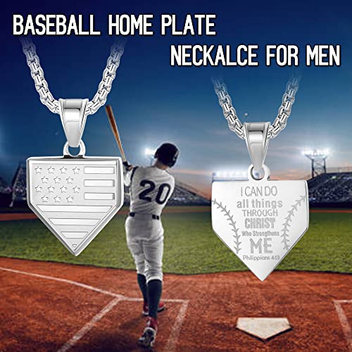 Hattidoris Baseball Home Plate Necklace For Men Usa Flag Shield Pendant Stainless Steel Chain 22+2 Inch Inspirational Patriotic Jewelry Personalized Baseball Gift For Boys（Silver） #TOP3
