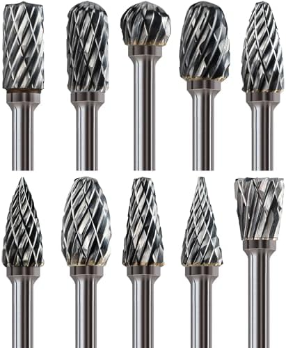 Mars-Rock Carbide Burr Set Compatible with Dremel Milwaukee 1/8" Shank 10PCS w/Wood Base Die Grinder Rotary Tool Rasp Bits Accessories Attachments Metal Wood Stone Plastic Carving Cutting Grinding