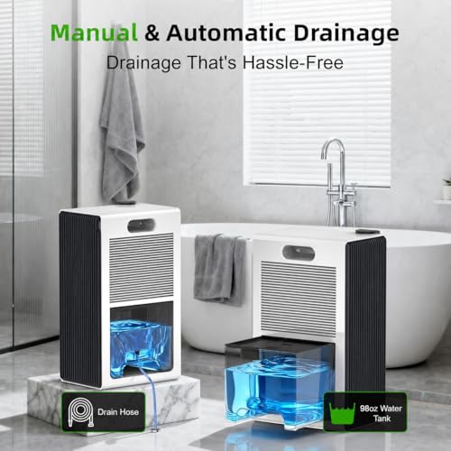 Image of 98 OZ Small Dehumidifier for Home 1000 Sq Ft, Quiet Dehumidifier with Drain Hose, Auto Shut-Off, Sleep Mode, 7-Color Light for Basement, Bedroom, Bathroom, Closet, RV (Blue White)