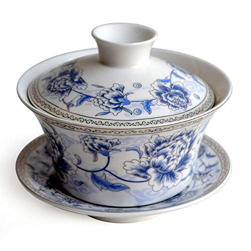 Image of Liang baobao Traditional Gaiwan Tea Set with Lid and Saucer Handmade Ceramic Tea Cup Porcelain Teacups (200ml Blue silk peony)