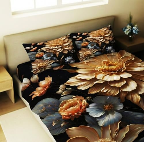 Image of Home Sizzler Premium 7D Floral Soft Microfiber Double Bedsheet with 2 Pillow Covers - Soft, Wrinkle-Resistant, Luxury Golden Flower Print