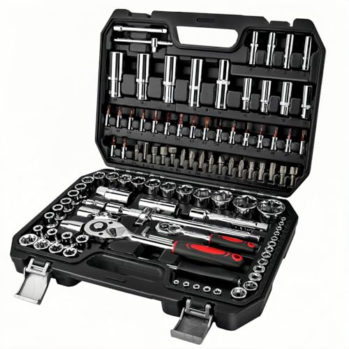 HUIYOPU 108-Piece Socket Set,1/4" &1/2" Drive Ratchet with Bits, Quick Release Ratchet Wrench - CR-V Mechanic Tool Set for Home Repairs, Workshops, Car Bicycle Repair, DIY, Engineering Studies 1 HUIYOPU 108-Piece Socket Set,1/4" &1/2" Drive Ratchet with Bits, Quick Release Ratchet Wrench - CR-V Mechanic Tool Set for Home Repairs, Workshops, Car Bicycle Repair, DIY, Engineering Studies