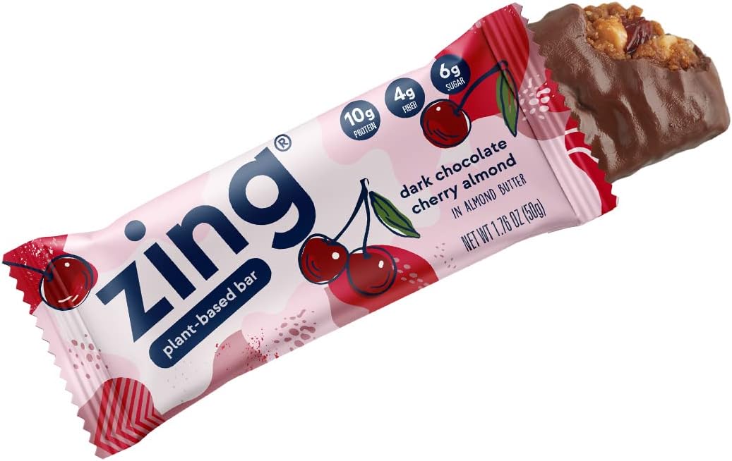 Zing Bars Plant Based Protein Bar | Dark Chocolate Cherry | Real Dark Chocolate | 10g Protein 5g Fiber 6g Sugar | Vegan, Gluten Free, Non GMO | 12 count