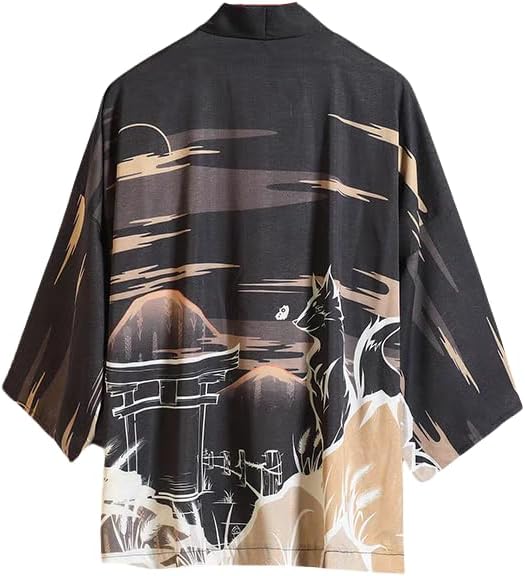 Men's Kimono Cardigan Jacket Japanese Seven Sleeves Open Front Coat Chinese Style Tang Suit Printed Jacket