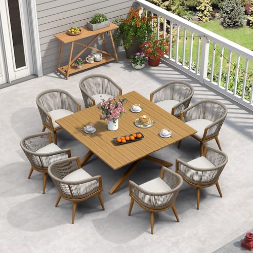 Image of PURPLE LEAF Outdoor Dining Set Square for 8 with Cushions PE Rattan Teak