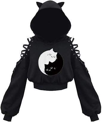 Womens Cat Ear Hoodie Pullover Long Sleeve Off Shoulder Cute Crop Top Hoodies Sweatshirt