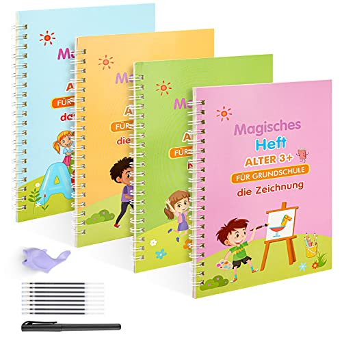 funvce Klein Deutsch Magisches Heft, 4 Stück Magisches übungsheft 18.5x13cm, Wiederverwendbares Magische Schreiblernheft kaligrafieset mit Stift für kinder, Schreiben Lernen Vorschule