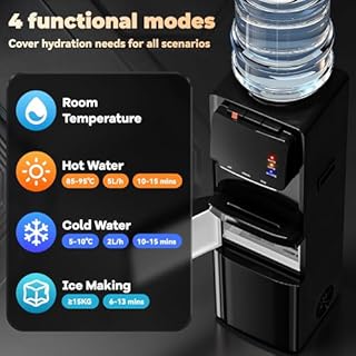 Tehanld Water Dispenser with Ice Maker, 4-in-1 Top Loading Water Cooler with Hot, Cold & Room Temp Water, 35lbs/Day Fast Ice Making, Child Safety Lock, Fits 2-5 Gallon Bottles for Home & Office