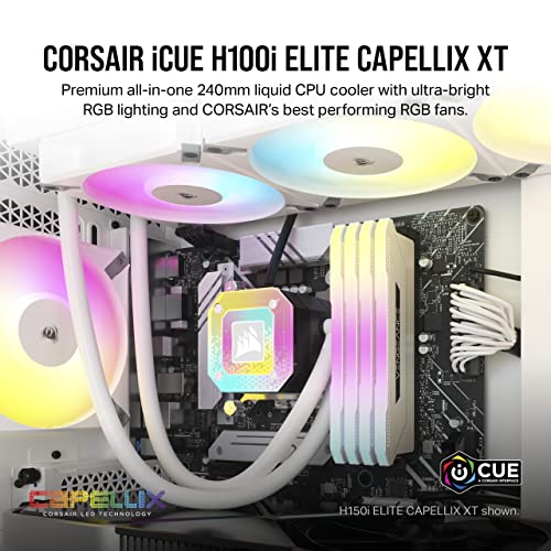 Corsair iCUE H100i Elite CAPELLIX XT Liquid CPU Cooler - Two AF120 RGB Elite Fans - 240mm Radiator - Intel® LGA 1700, 1200, 115X, 2066, AMD® AM5, AM4 - Included iCUE Commander CORE - White by Corsair - Image 2