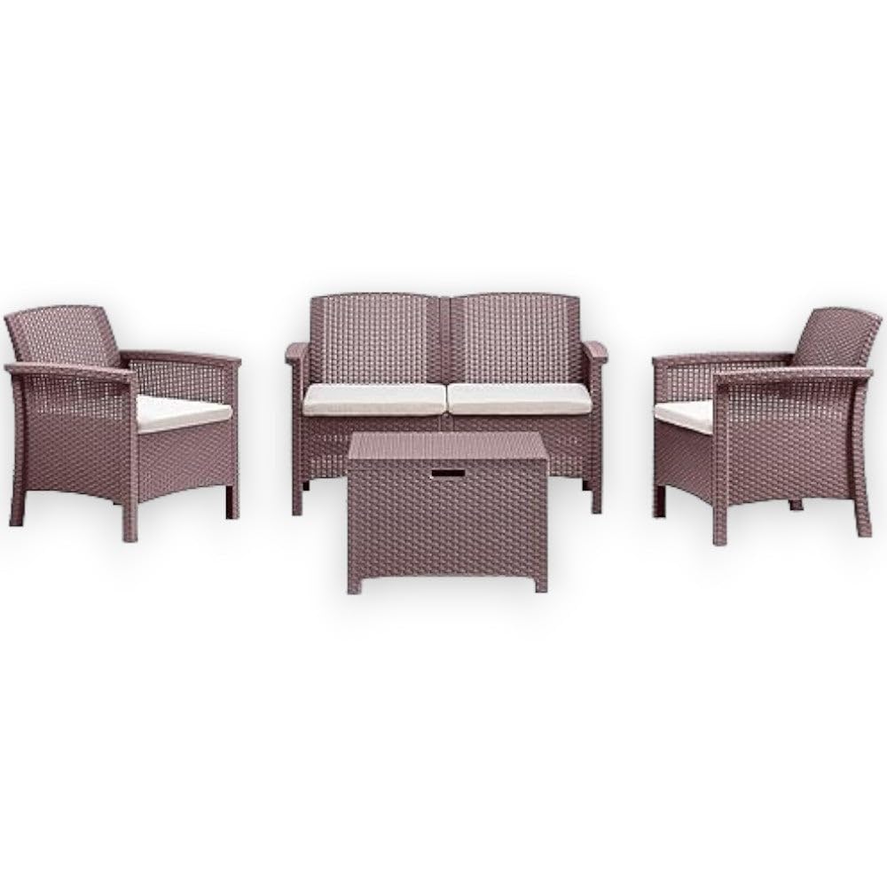Salotto da Giardino in Resina Effetto Rattan Divano da Due posti con Due poltrone e Un tavolino - Bianco