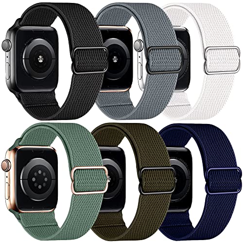 BMBEAR 6 Packs Stretchy Nylon Solo Loop Compatible with Apple Watch Band 49mm 45mm 42mm 41mm 40mm 38mm Series Ultra SE 8 7 6 5 4 3 2 1,Women and Men Sport Apple Watch Bands Replacement for iWatch Band