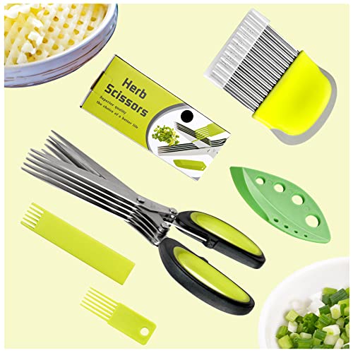 Limehill Herb Scissors Crinkle Cutter - Master Culinary Multipurpose Cutting Shears With Stainless Steel 5 Blades, Herb Stripper, Safety Cover And Cleaning Comb For Cutting (Green) #TOP7