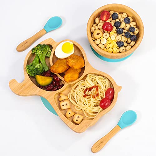 Vinsani Bamboo Elephant Plate Bowl and Spoon Set for Baby To