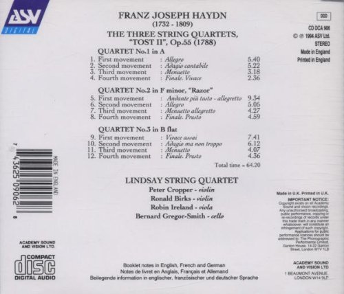 Haydn: The Three String Quartets, "Tost II", Op 55 1-3