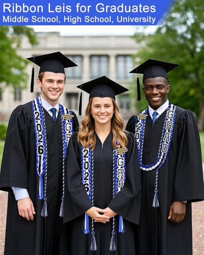 Image of Yigney Graduation Lei Set Class of 2026 Grad Ribbon Leis with Honor Cord Double Braided Graduate Leis for Men Women Blue Black White