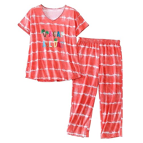 Image of Women Plus Size Pajama Sets Summer Cotton Sleepwear Tops with Capri Pants Pj Sets Fun Prints Pajama Sets
