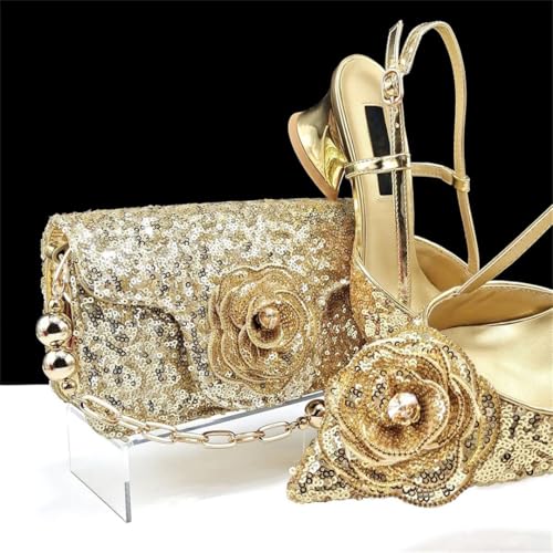 Shiny Gold Color Shoes and Bag Handbags and Medium Heel Shoes Beautiful Handmade Flowers for Wedding Party2