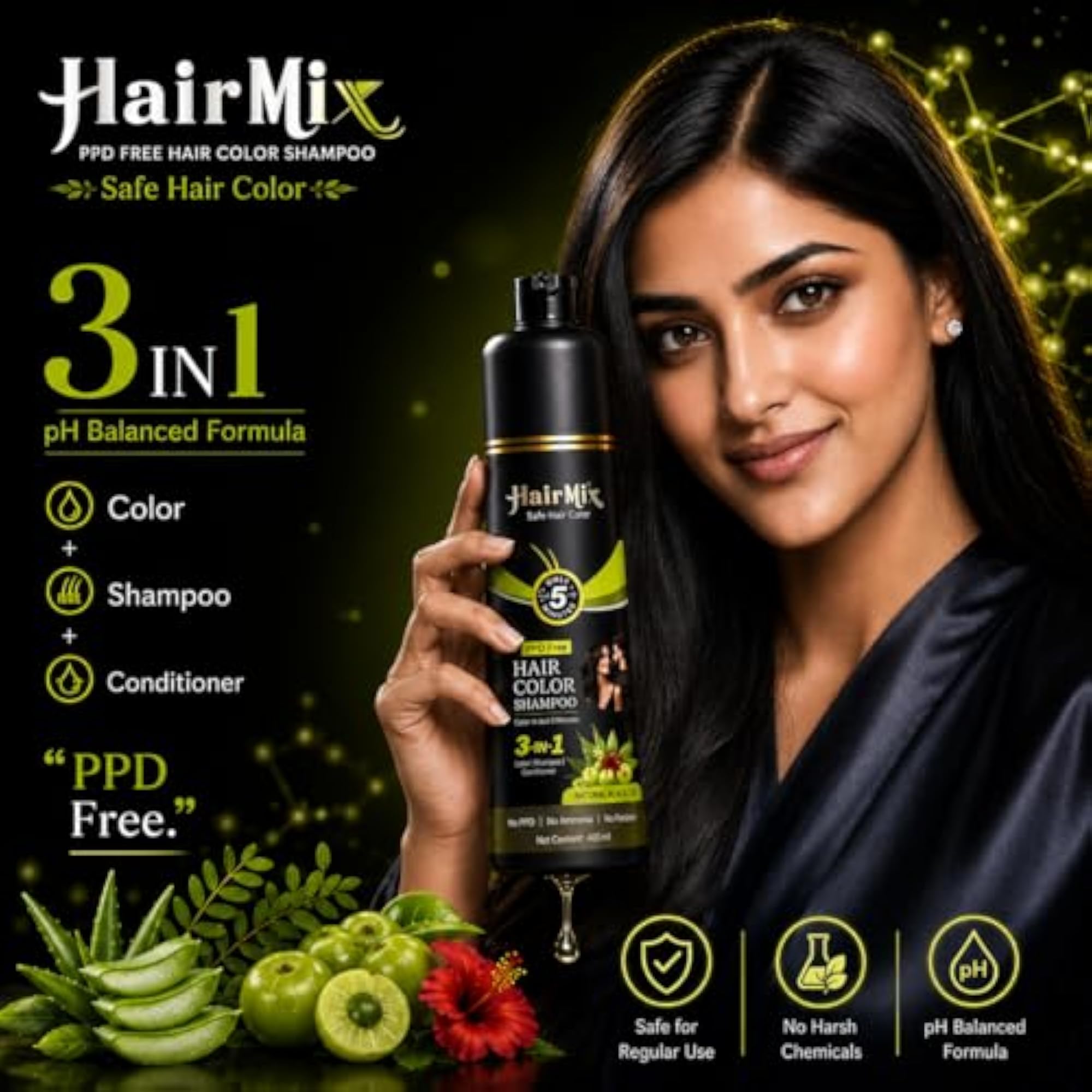 PPD Free Hair Colour Shampoo Natural Black, 200ml