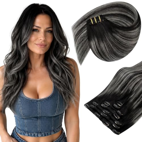 Image of Sunny Hair Clip in Hair Extensions Real Human Hair Black Ombre Balayage | 14 Inch Hair Extensions Clip Ins Natural Black Ombre Balayage Silver Grey, Natural Length and Secure Hold for Party 105g