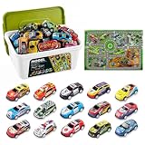 VILLMAJE Mini Coches de Juguete de Fricción 50 Piezas, Carritos con Caja Almacenadora y Mapa, para Niños 4 Años+, Ideal...